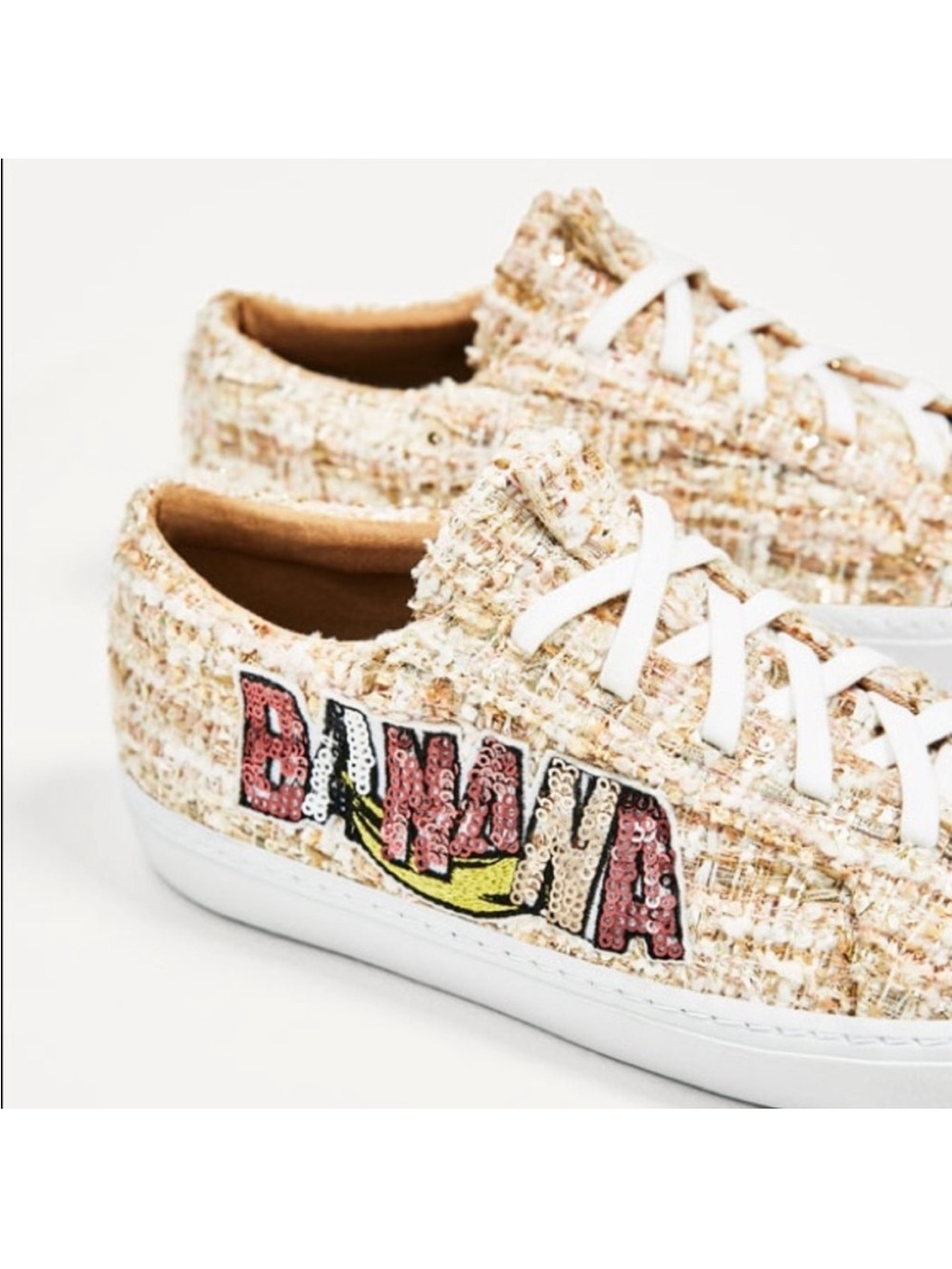 Zara Tweed Fabric Sequins Banana Lace-Up Sneakers sz 4/35